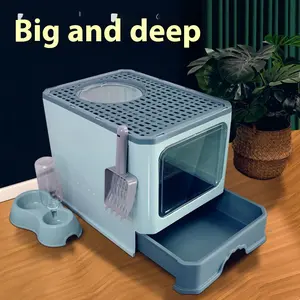 Extra Deep Cat Litter Box with Foldable Drawer Ultimate Odor Control Splash Proof Design for Effortless Cleaning and Hygiene