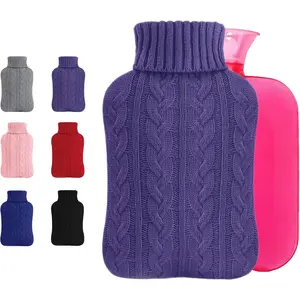Knitted Cover Hot Water Bottle, 2L Hot Water Bag for Hot and Cold Compress, Hand and Foot Warmer, Ideal for Menstrual Cramps, Neck and Shoulder Pain Relief, Purple Hot Water Bottle Cup, Multi-color Medical Aid, Reusable Heating Pad, Portable Heating Pad