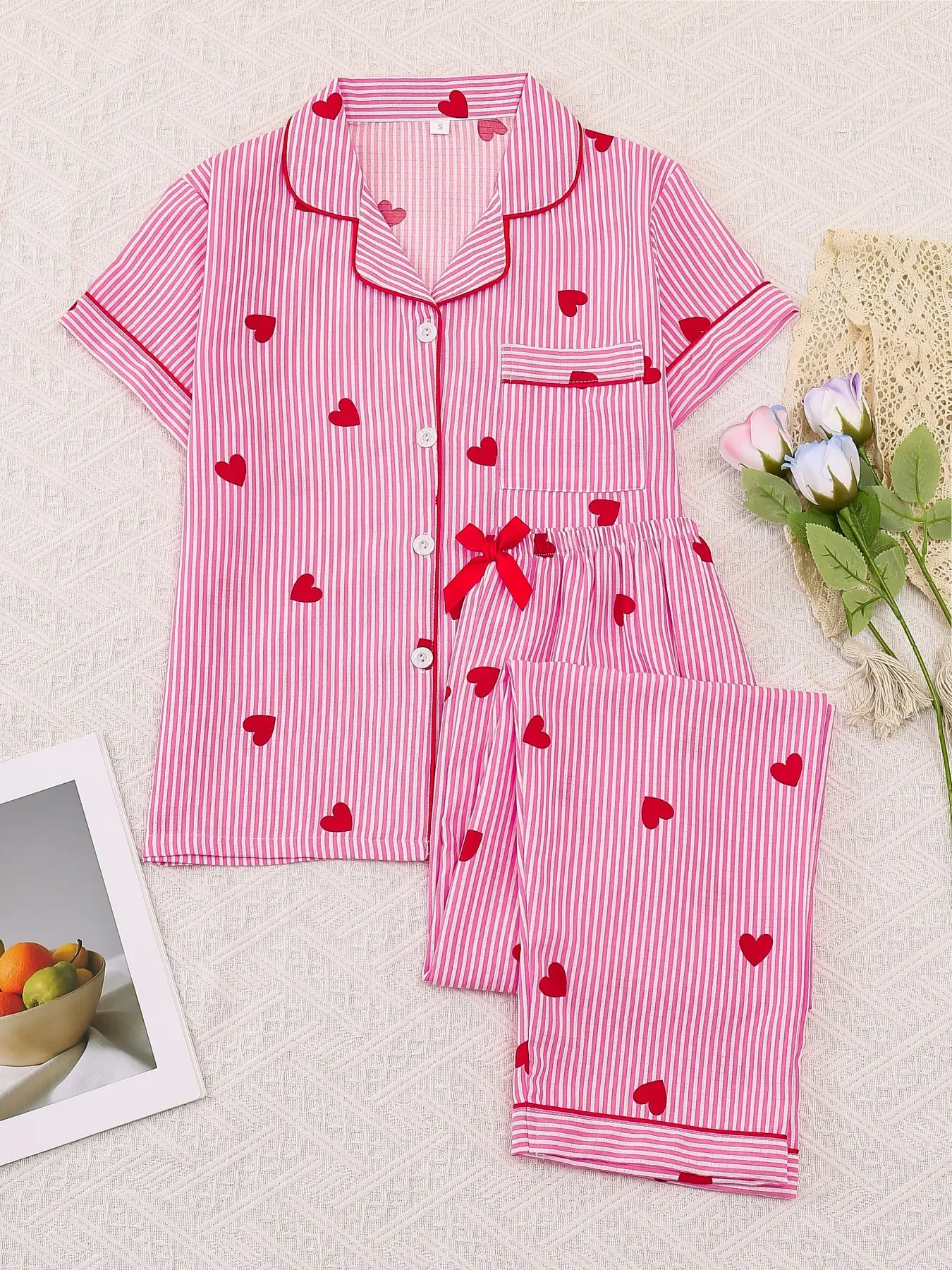 Women's Sleepwear Set, Sweet Casual Cute Homeewear, Homewear, Short Sleeve Pajamas Bow Tie Long Pants, Elegant Simple Striped Heart Print, Love Print Sleepwear, All Seasons Wear, Loungewear Pjs