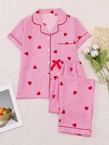 Women's Sleepwear Set, Sweet Casual Cute Homeewear, Homewear, Short Sleeve Pajamas Bow Tie Long Pants, Elegant Simple Striped Heart Print, All Seasons Wear, Pjs
