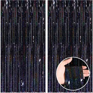 2 Pack 3.3x8.2 Feet Laser Black Foil Fringe Backdrop Curtains Tinsel Streamers for Birthday Graduation Halloween New Year Disco Party Decorations