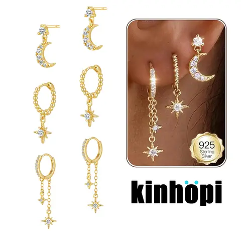 KINHOPI 3 Pairs Moon Star Set for Women Earrings Set 14K Gold Plated Cubic Zirconia Earrings Stacks Stud Huggie Hoops Earring Sets for Multiple Piercings Jewellery for Her