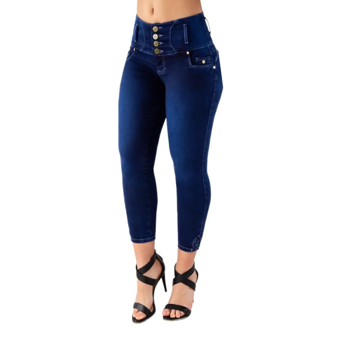 Women's Fitted High-Waisted Slim-Fit Skinny Button Fly Jeans - Highly Elastic, Push-Up Shaping, Lightweight, Pocket-Design, Heart-Detail, Midnight Blue Pants, TK413, Fitted High-Waisted Jeans