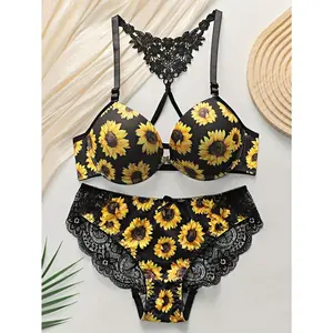Sunflower Print Nylon-Spandex Lingerie Set with Lace Detail – Mature Floral Lash Sets with Mid-Rise Briefs for Women, Knit Fabric Without Padding, Medium Support Adult Lingerie Set 2025
