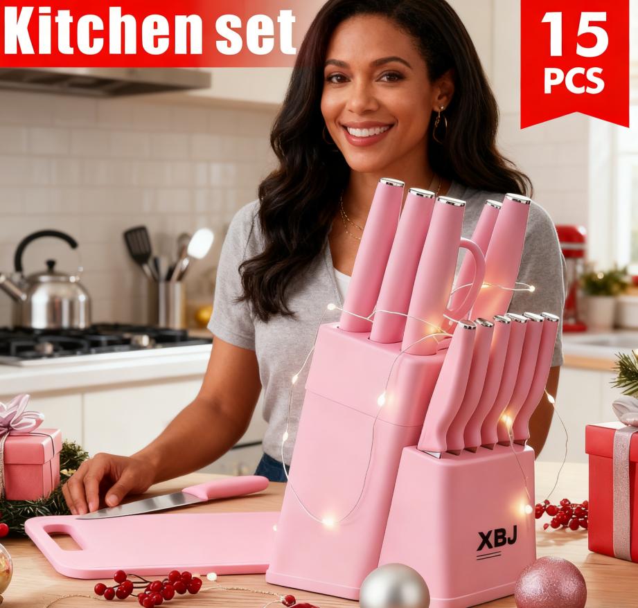 GalentinesDay15Pcs  Knife Set With Solid Wood & Plastic Knife Block, Japanese-Style Knife, Meat/Vegetable Knife, Chicken Bone Knife & German-Style Steak Knife. Multi-Color Stainless Steel, Practical for Home Use & Ideal as a Gift.   Modern Utensils