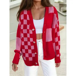Pink & Red Mixed Plaid Relaxed Sweater Cardigan