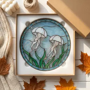 Jellyfish-shaped stained glass window decorations, ocean-themed decorations, handcrafted window decorations, custom-sized stained glass art.