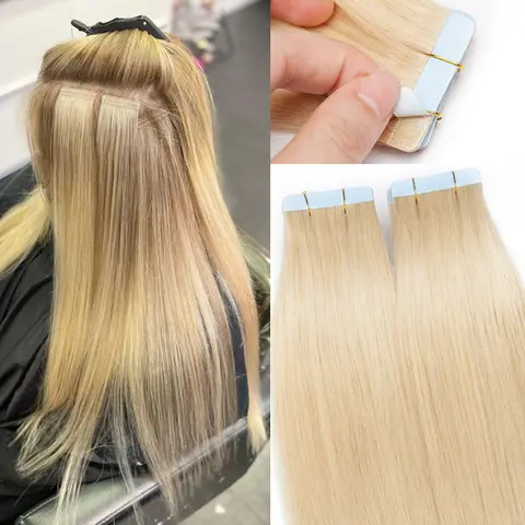 10PCS/ 20PCS Tape in Hair Extension Soft & Natural Human Hair Extensions Blonde Highlights Seamless Invisible Silky Straight Brazilian Hair Hairpieces For Women