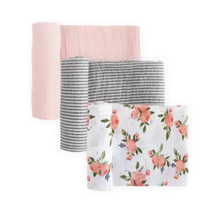 Cotton Muslin Swaddle Blanket 3 Pack - Watercolor Roses 2
