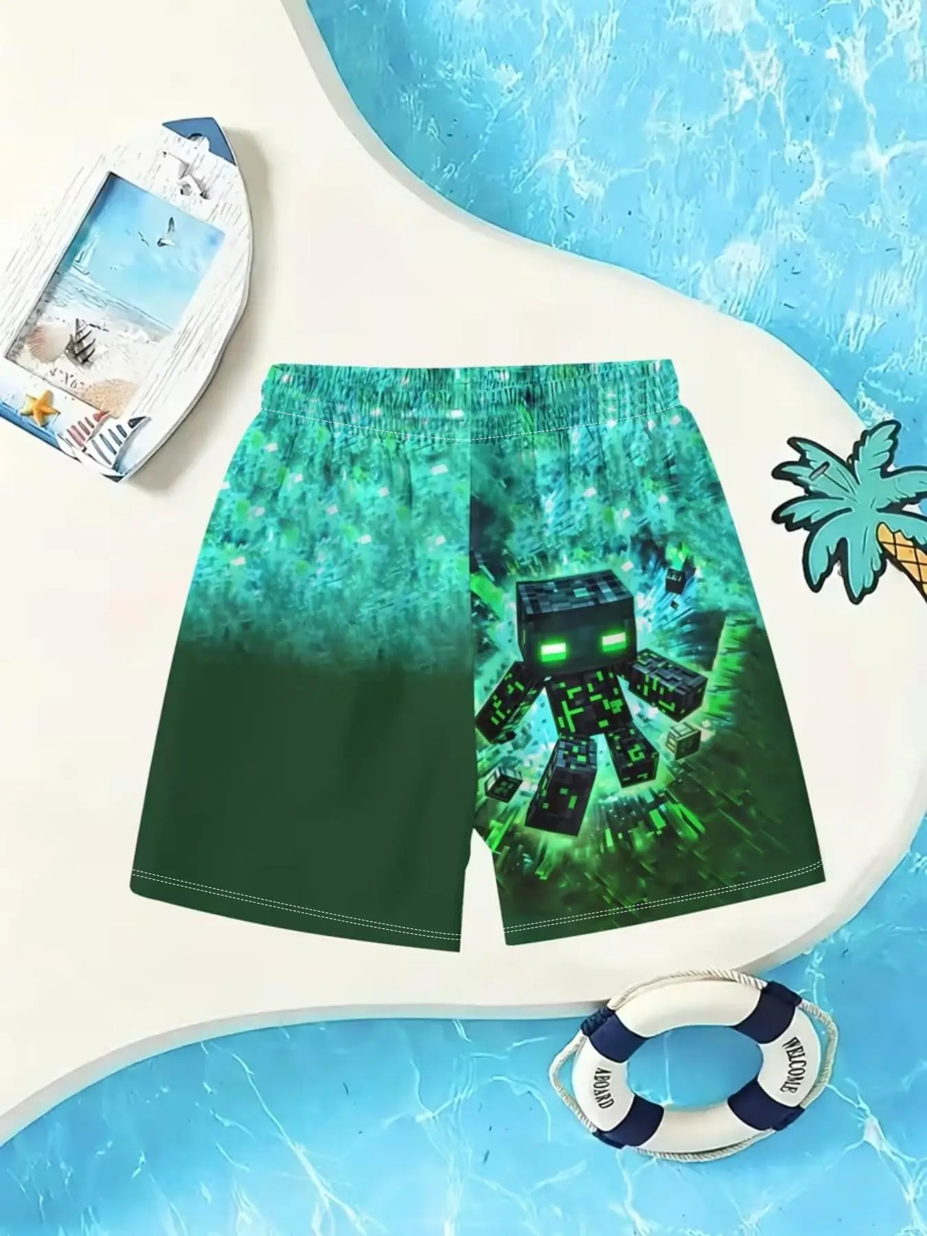 My World Enderman Gradient Shorts, Fluorescent Pixel Print, Summer Beach Swim Trunks, Youth Swim Trunks, Casual Fitted Boxers, Swimming Shorts, Swimwear Shorts, Youth Boys Swim Trunks