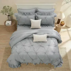 Grey Ruffle Comforter Set Queen Size 9 Pcs,Boho Queen Comforter Set with Sheets,Pleat Bedding Set,Farmhouse Comforter Bed Set,Microfiber Ruffle Duvet Set