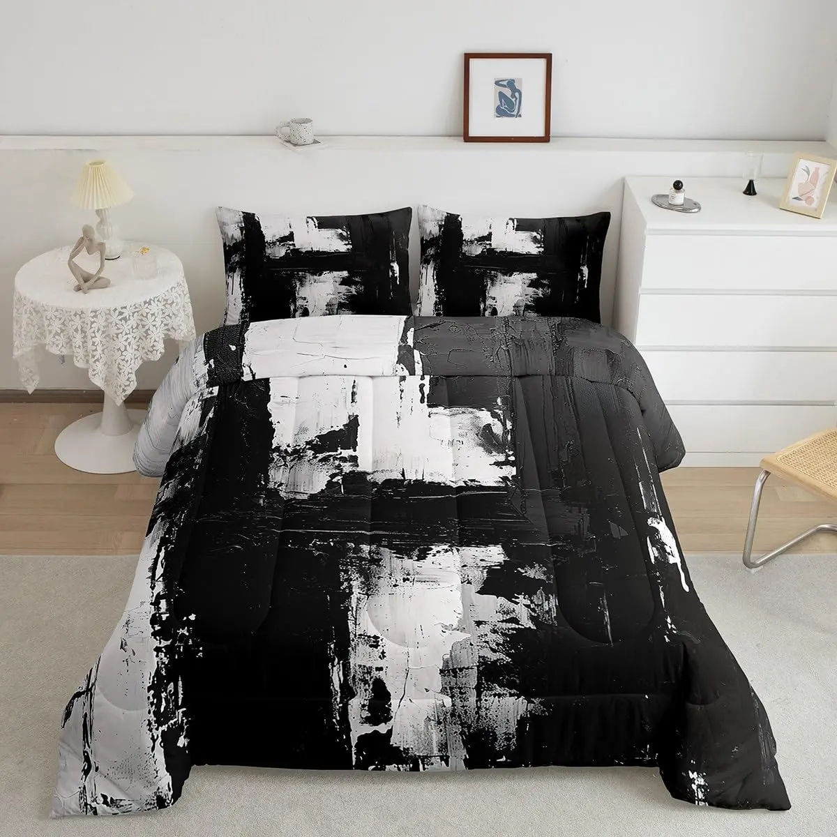 Feelyou Queen Soft Microfiber Duvet & Bedspread Set, Black and White Geometric Abstract Digital Allover Print, Breathable Modern Artistic Bedding for Modern Bedrooms