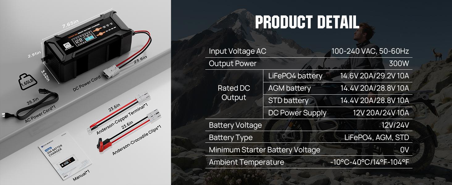 ECO-WORTHY 12V/24V 20A Automatic LCD All-in-1 Battery Charger Solution for Lithium LiFePO4 & Lead Batteries, 14.6V Output, 15V Pulse Repair, 0V Activation, Overcharge Protection for Home Electrical Power Supplies, Motorcycles