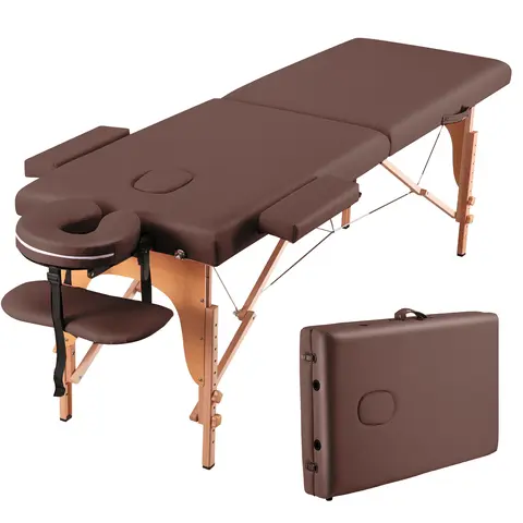 BODIOO Portable Wide Massage Table - 84in 2-Fold Sturdy Leather Massage Table for Therapists, 9-Adjustable Height Reinforced Wood Reclining Spa Bed with 2" Thick Sponge, Carry Case, Face Cradle, Brown (Camping Furniture)