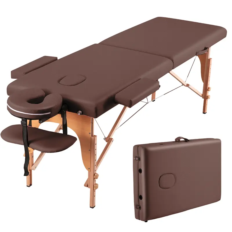 BODIOO Portable Wide Massage Table - 84in 2-Fold Sturdy Leather Massage Table for Therapists, 9-Adjustable Height Reinforced Wood Reclining Spa Bed with 2" Thick Sponge, Carry Case, Face Cradle, Brown (Camping Furniture)
