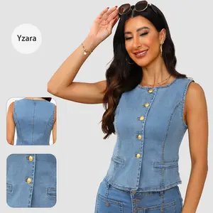 Women's Fitted Vintage Button-Up Denim Vest - Slim Tailored Soft Jean Waistcoat, Classic Light Wash Cotton-Polyester-Spandex Blend Gilet with Gold Buttons & Pocket, Basic Round Neck All-Season Casual Top