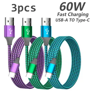 3pcs,60W Nylon Braided,Fast Charging USB-C Cable, Multifunctional Charging Cable, High-Speed Data Sync, Durable, Male to Male, 100.58cm/201.17cm, with USB to Type-C, for Xiaomi, Huawei, Samsung, OnePlus, VIVO, Oppo & other C-connected devices