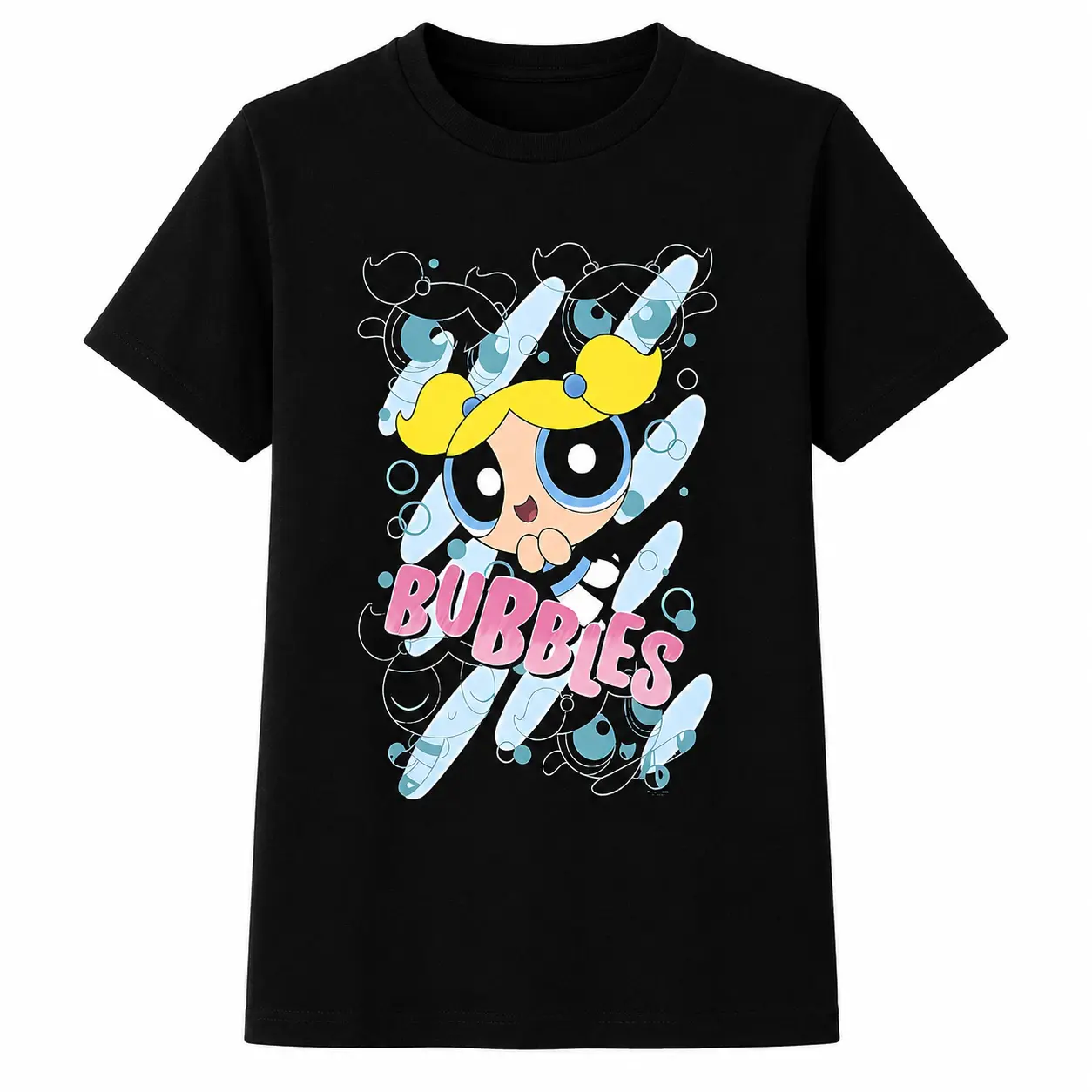 Women's 100% Cotton Fitted Short-Sleeve Round Neck Anime-Inspired The Powerpuff Girls Bubbles Moves T-Shirt - Casual Summer Women's Top (As Shown), Shortsleeve