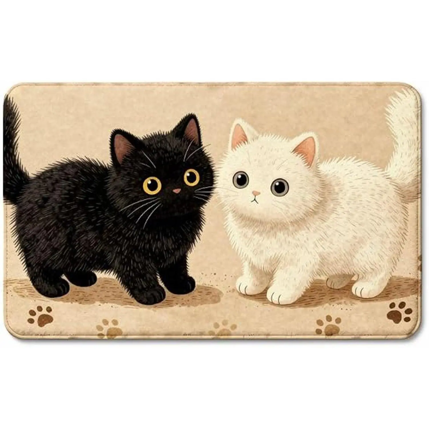 Classic Fluffy Flannel Doormat, Playful Kitten Paw Print, Black and White Design, Anti-Slip Backing, Indoor/Outdoor Use, Multi-Size Option
