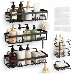 5-Piece Adhesive Shower Caddy Organizer Set, No Drilling Bathroom Organizer Shelves, Rust-Resistant Black Metal Wall Mounted Shower Rack with Soap Holder & Toothbrush Holder for Bathroom Kitchen Storage
