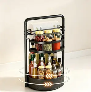 360° Rotating Spice Rack with Paper Towel Holder - 2 Tier Portable Kitchen Organizer for BBQ, RV & Countertop, Space Saving Seasoning Storage Caddy