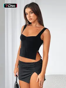 Women's Plain Sweetheart Neck Ruched Split Crop Knitting Camisole, Summer Clothes Women, Casual Fashion Backless Fitted Top for Date Daily Wear, Ladies Clothes