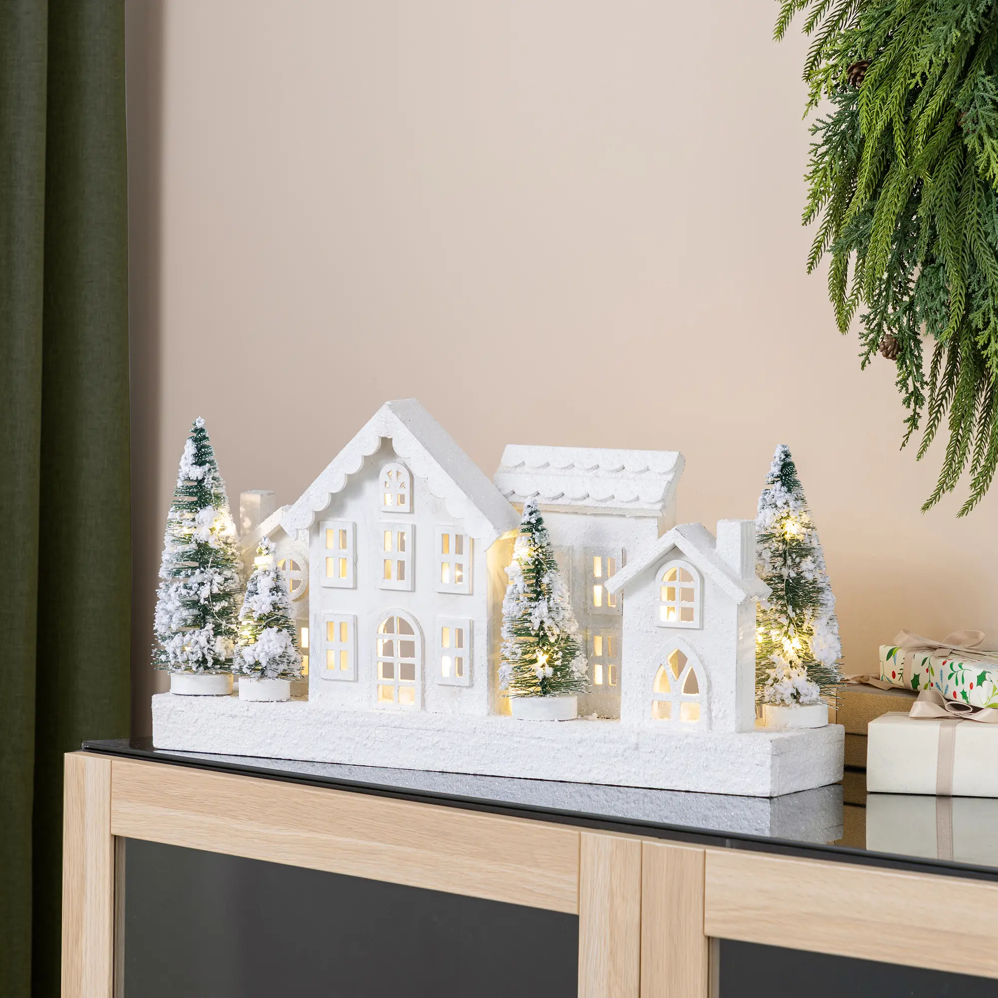 【Christmas in July】 Glitzhome 20"L Lighted Christmas Wooden Snowed Villages Table Decor