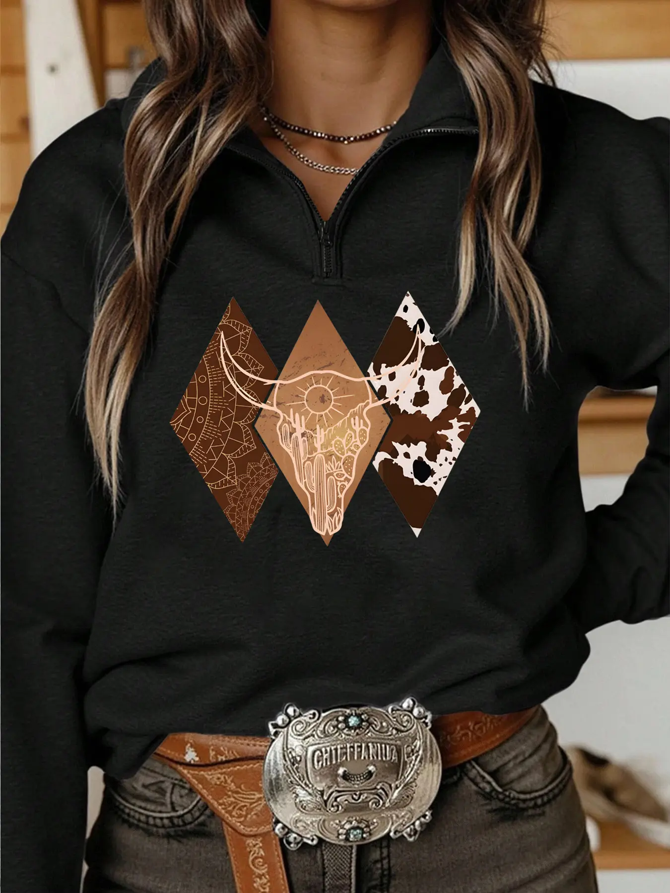 Women's Casual Style Half-Zip Sweatshirt, Long Sleeve, Diamond Geometric Graphic & Cow Head Print, High Neck, Loose-Fitting, Baggy, Lightweight Comfort, Perfect for Everyday Leisure Wear, Womenswear