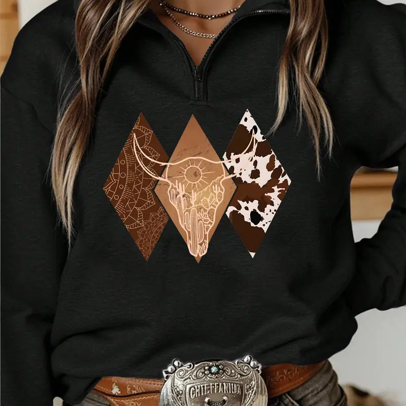 Women's Casual Style Half-Zip Oversized Sweatshirt, Long Sleeve, Diamond Geometric Graphic & Cow Head Print, High Neck, Loose-Fitting, Baggy, Lightweight Comfort, Perfect for Everyday Leisure Wear, Womenswear