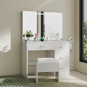 YITAHOME Makeup Vanity Desk with Large Lighted Mirror with Power Outlet and LED/Bulb Strip, 3 Color Lighting Modes with Adjustable Brightness, 4 Drawer Vanity Table with Cushioned Stool for Bedroom