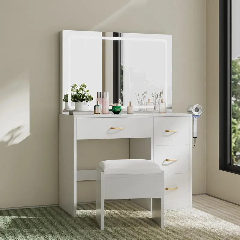 YITAHOME Makeup Vanity Desk with Large Lighted Mirror with Power Outlet and LED/Bulb Strip, 3 Color Lighting Modes with Adjustable Brightness, 4 Drawer Vanity Table with Cushioned Stool for Bedroom