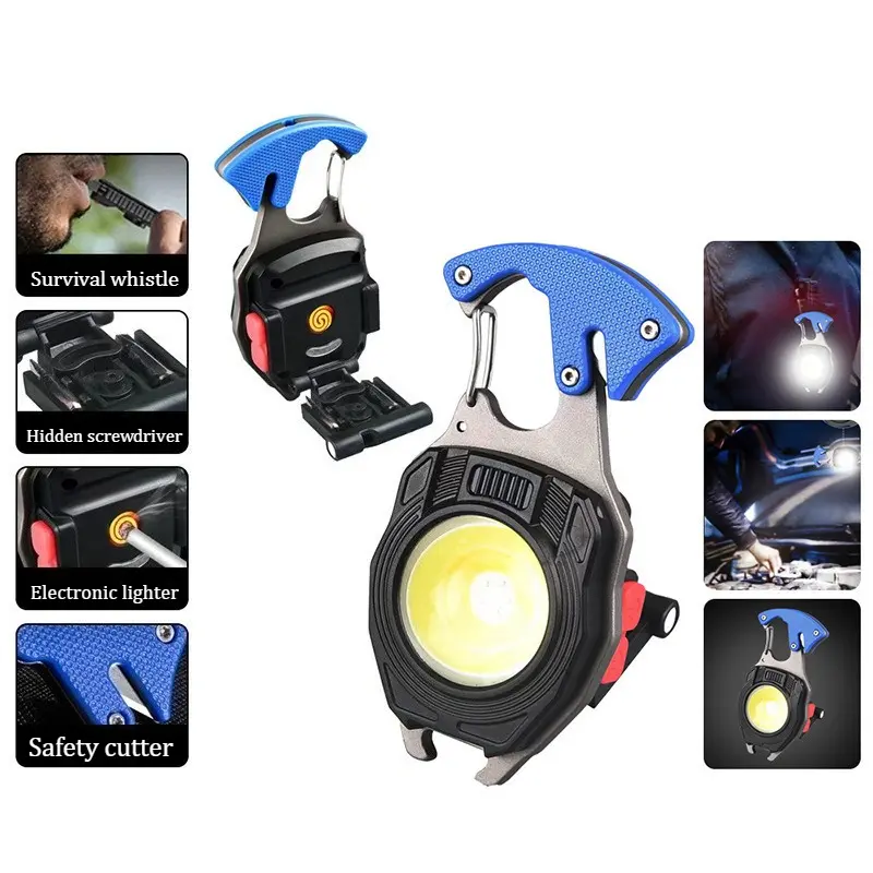 All-in-One EDC Multitool Keychain: LED Flashlight, Emergency Whistle, Safety Cutter, Screwdriver & Rechargeable Lighter – Compact Survival Tool for Men