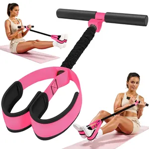 Portable foot-operated resistance trainer, fitness foot resistance band, the ultimate ab-toning aid; featuring handles, a thickened latex tube and soft foam foot pads, designed for sit-up exercises targeting the abdomen, waist, arms, core and legs