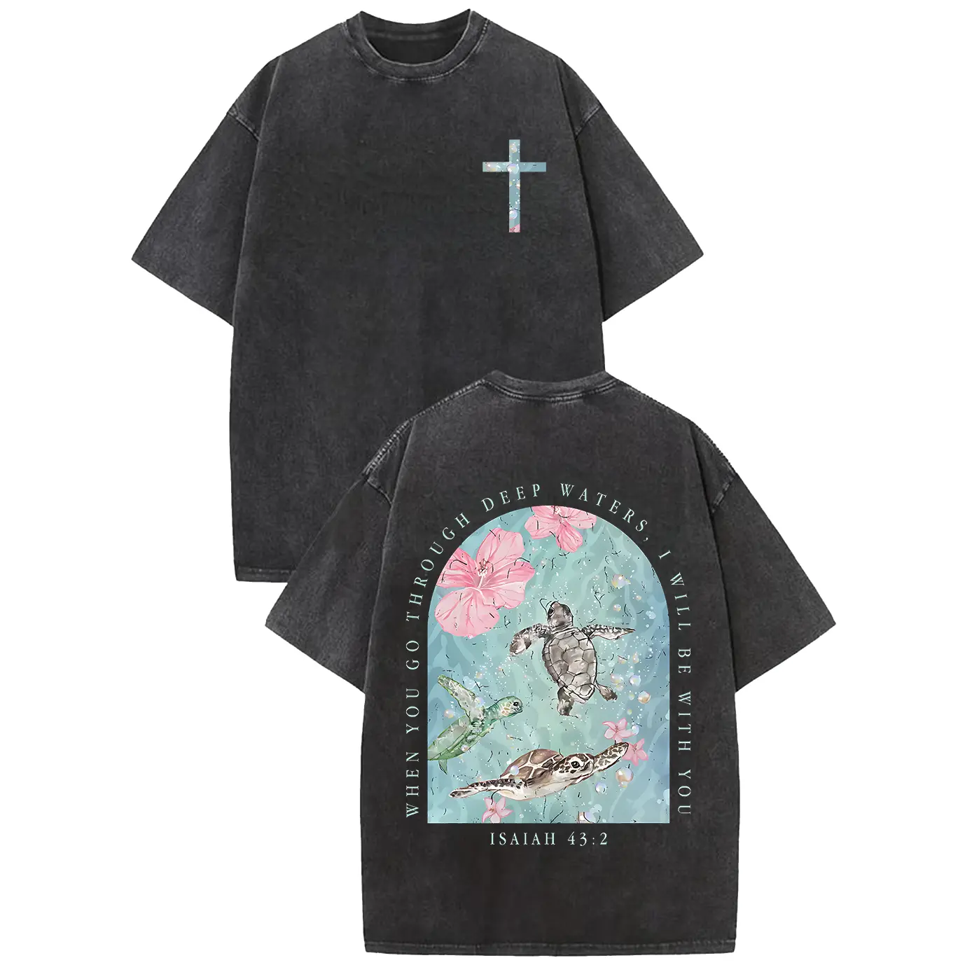 Women's Baggy Graphic T-Shirt - Vintage Washed Cotton Christian Top with Isaiah 43:2 Hibiscus Cross Print, Short-Sleeve Faith-Based Streetwear Outfit for Plussize Women's Clothes