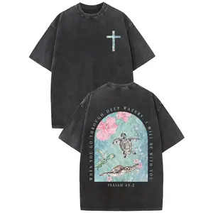 Isaiah 43:2 Christian Sea Turtle T-Shirt Vintage Washed Oversized Tee When You Go Through Deep Waters Bible Verse Shirt Faith Based Religious Streetwear Hibiscus Cross Print Unisex Christian Apparel Soft Cotton Casual Daily Wear