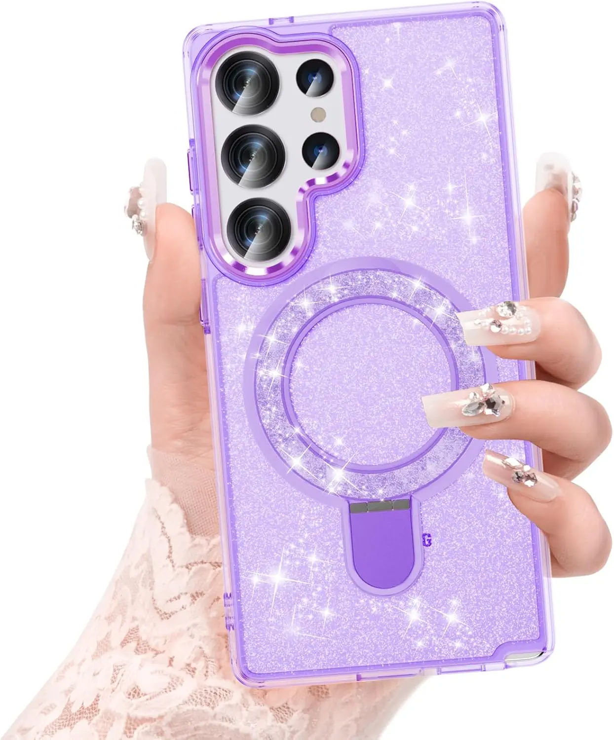 Samsung Galaxy S25 Ultra Case, Glitter Sparkle Bling Heavy Duty Shockproof Protective with Kickstand, Anti-Scratch Cover Case for Samsung Galaxy S25 Ultra(Purple with Bracelet)