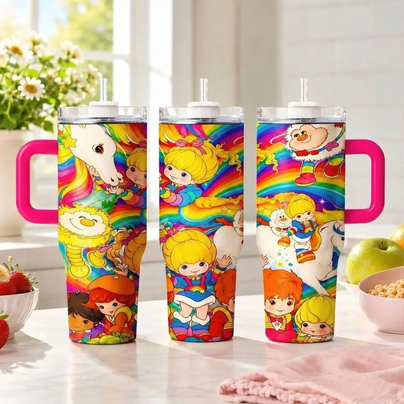 40oz Rainbow Brite Retro Tumbler, Leakproof Lid & Straw, Double Wall Vacuum Insulated, Keeps Hot 12h Cold 24h, Tiktok Viral Cup for Car Office