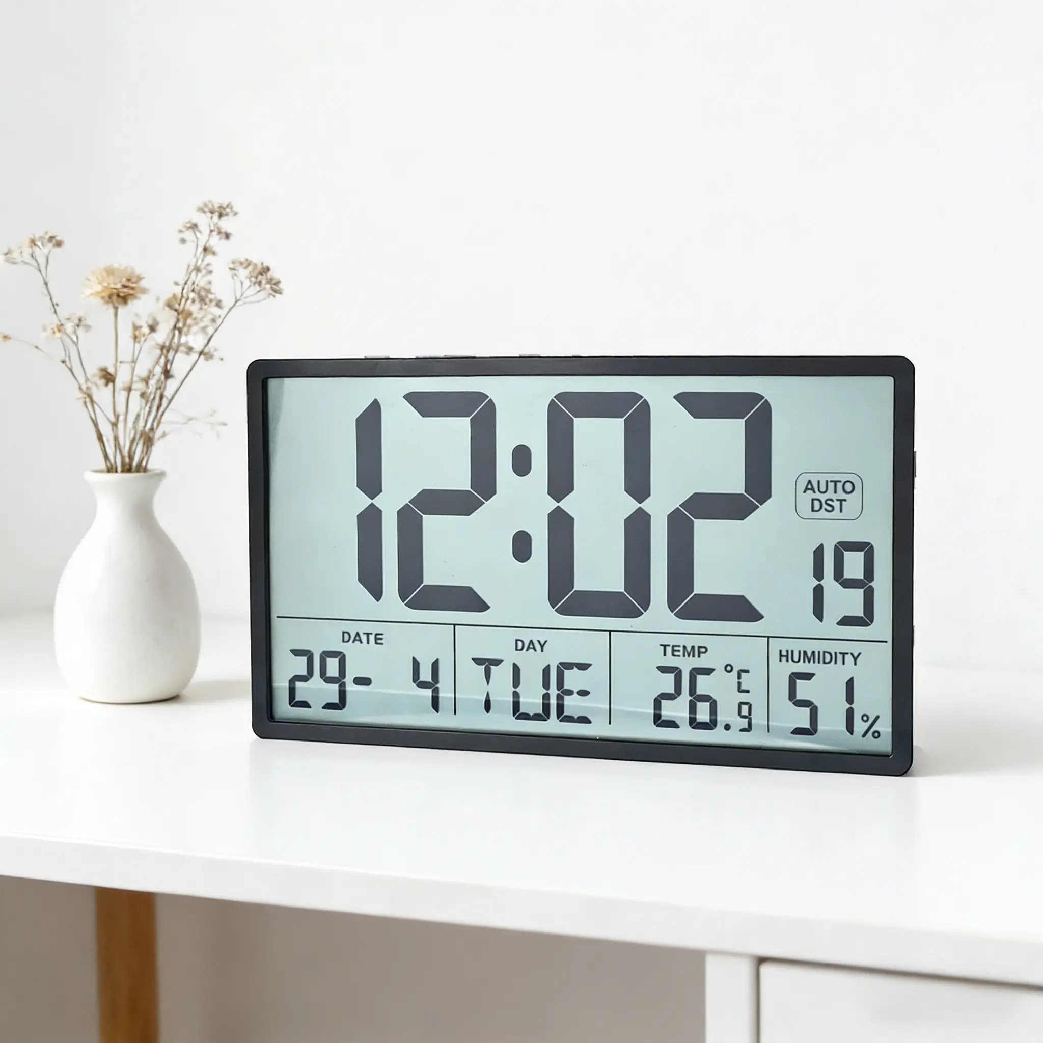 8 Inch Large Digital Wall Clock, Jumbo Easy Read LCD Numbers, Temperature Date & Auto DST, Battery Operated No Wiring, Square Plastic Wall Mount Clock for Living Room Bedroom Office Kitchen Garage Home Decor,Black/White, Clock Automatic, Multifunctional A