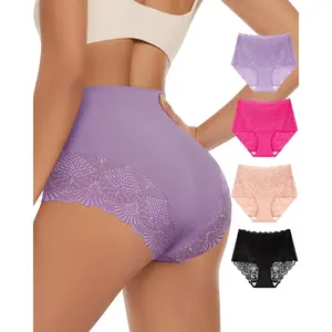 Women's High Waisted Underwear Ladies Lace Seamless Sexy Panties Breathable Soft Stretch 4 Pack Full Coverage