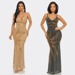 Golden Eclipse Rhinestone Mermaid Maxi Dress – Luxury Bodycon Evening Gown for Women