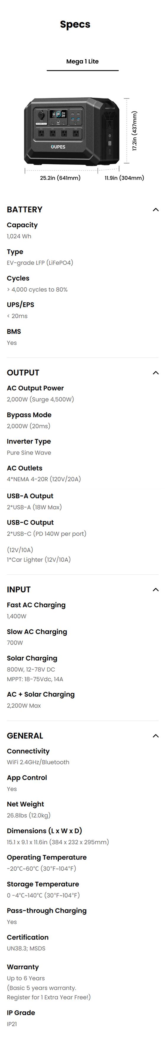 OUPES Mega 1 Lite, 1800W 1024Wh Portable Power Station, LiFePO4 Battery, Solar Generator, 1 Hour Fast Charging, for Home Backup Power, Camping