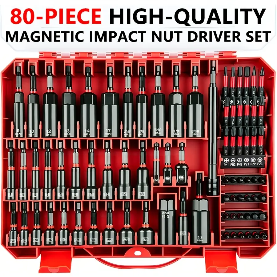 BOURVILL 80pcs High-quality Magnetic Impact Screwdriver Set, Including Metric And SAE Sizes, with Socket Adapter, Screwdriver Clamp, Wing Nut Driver, Universal Socket, Quick-release Extension Rod, Electric Driver Head, Professional Tool Set.