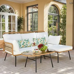 Patio lounge bistro set, all-weather rattan balcony furniture with tempered glass tabletop, large ergonomic armchair and cushions, suitable for porches and backyards.