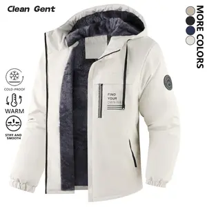 Clean Gent Men's Letter Print Zipper Pocket Hooded Jacket, men's autumn and winter apparel, drawstring windproof jacket, waterproof jacket, suitable for outdoor skiing, hiking, traveling, camping activities, warm and cold-resistant jacket