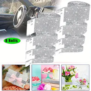 8 Rolls Rhinestone Ribbons,4 Sizes Silver Self Adhesive Rhinestone Ribbon,Bling Crystal Diamond Ribbon Roll Wrap Glittering Rhinestones Sticker for Decoration Car DIY Arts Crafts Wedding