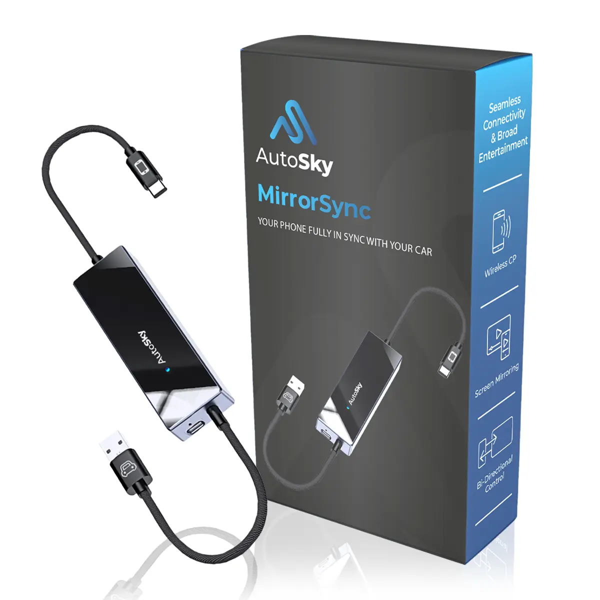 AutoSky MirrorSync Car Video Player - Auto Accessories, Wired CarPlay Compatible, Wireless CarPlay Screen Adapter, Seamless Connectivity, Phone Screen Mirroring for iPhone 16, Galaxy, P30, R9 Automotive Use
