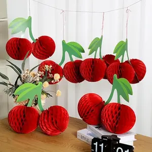 6-Piece Set Cherry Birthday Party Decoration Hanging Paper Lanterns, Honeycomb Decorations, Ceiling Fruit Centerpiece Decorations, Perfect for Parties & Celebrations