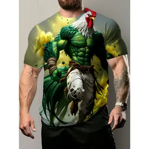 Men'S 3D Digital Printed Short Sleeve T-Shirt, Vibrant Green Muscular Rooster Graphic Tee, Crew Neck Lightweight Polyester Summer Top, Cool Breathable Fabric for Daily Casual Wear And Gifting