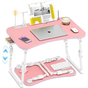 Adjustable Height Foldable Lap Desk for Bed Portable Laptop Stand with Storage Drawer Tablet Slot & Cup Holder for Bed Sofa Suitable for Adults Kids Pink