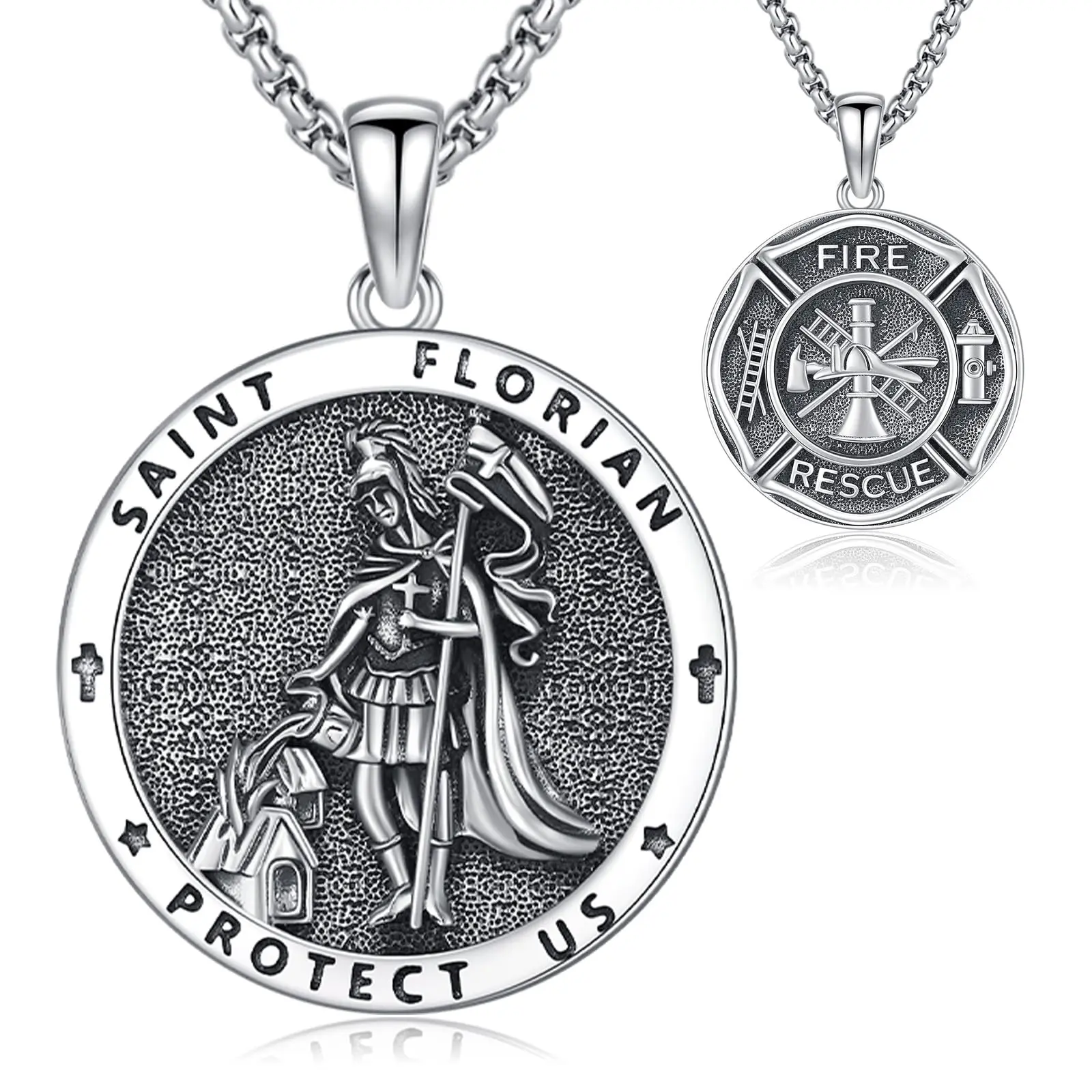 DRINSPER Saint Florian Protection 925 Sterling Silver Retro Shield Necklace Pendant, Unisex Engraved Chain Necklaces for Firemen, Jewelry Accessory, Necklace Pendant Jewelry